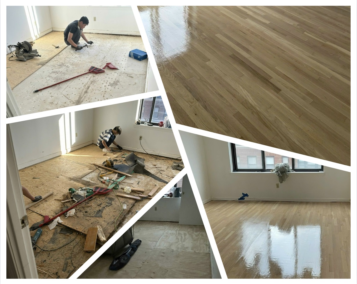 Water-damaged buckled hardwood floor repair in Boston condo - subfloor reinstalled and new hardwood laid with Nordic Seal finish by American Builder Hardwood Floor
