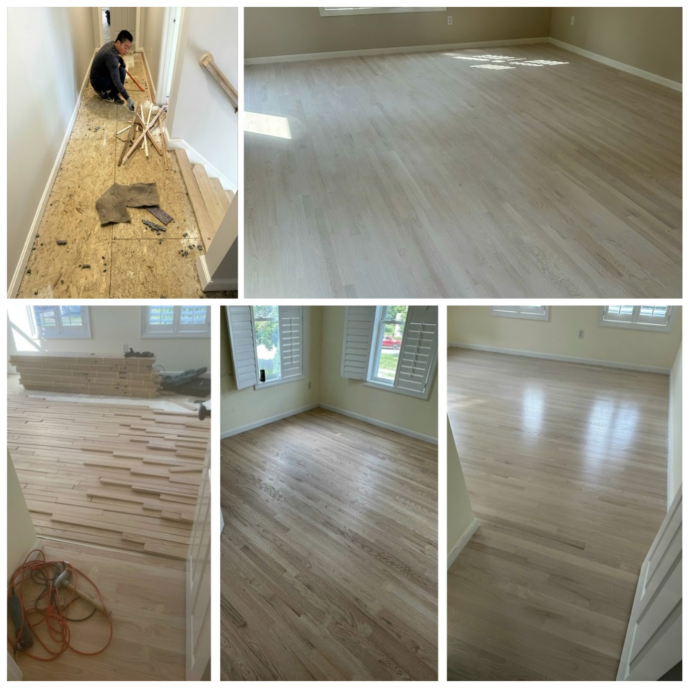 New hardwood floor installation with white stain in Scituate, MA - three coats water-based sealant by American Builder Hardwood Floor