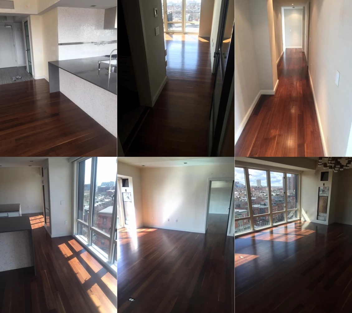 Hardwood floor refinishing in South Boston condo - sanded, stained, and sealed by American Builder Hardwood Floor